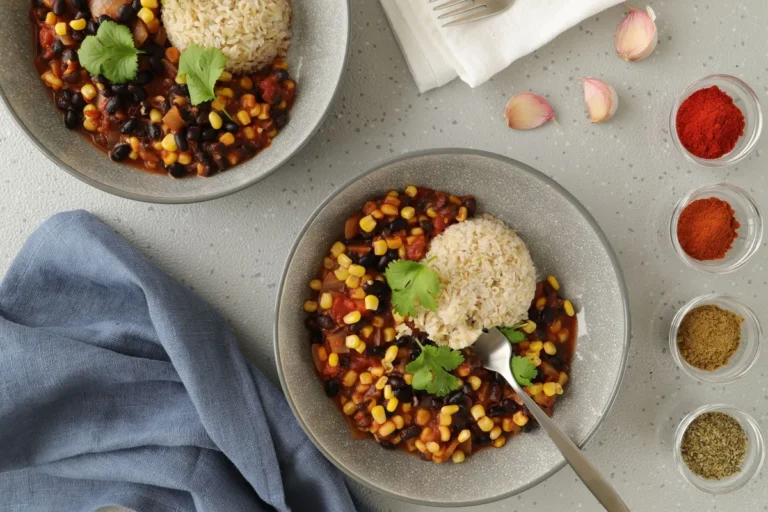 Bols de chili aux haricots rouges et maïs, épices en coupelles